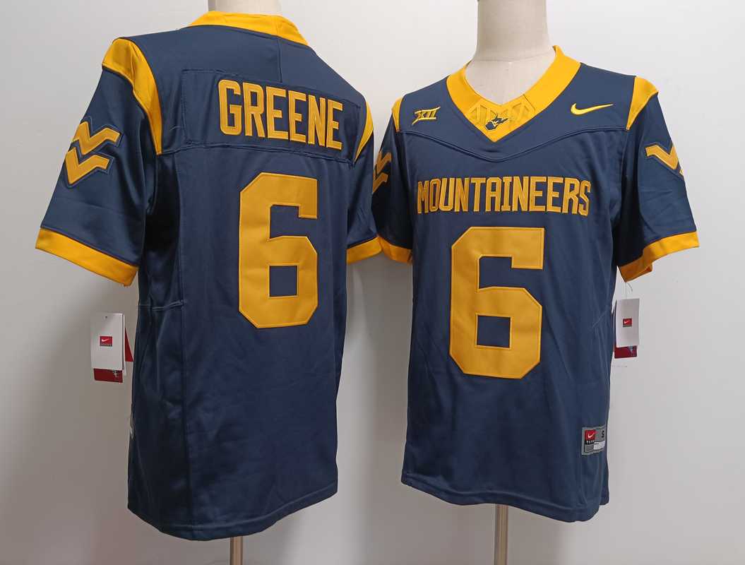 Mens West Virginia Mountaineers #6 Garrett Greene Navy FUSE College Stitched Jersey